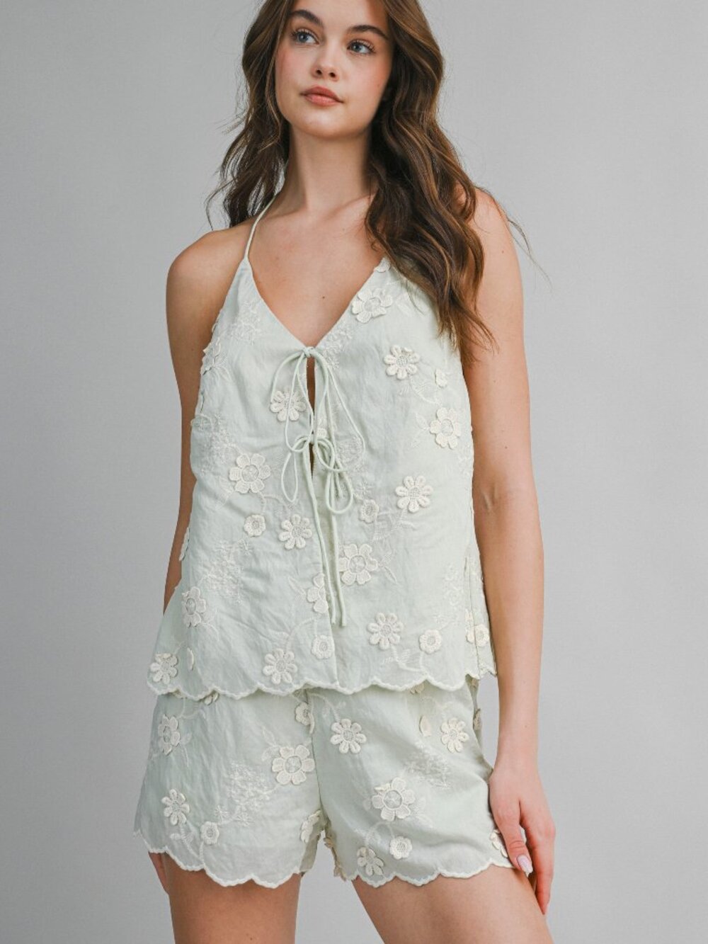 NWT Mable Soft Sage Pistachio Green Cream Floral Embroidered Halter Shorts Set